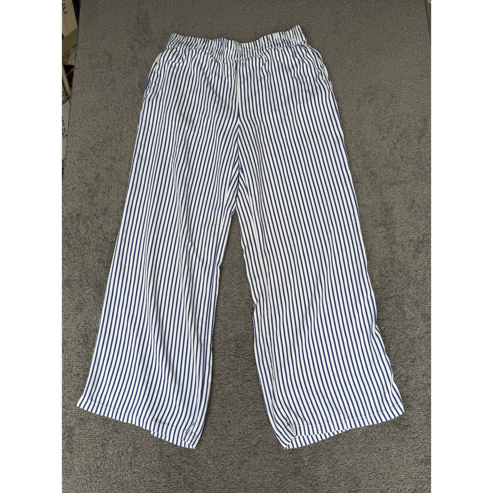 HG Blue White Striped Wide Leg Rayon Pants Elastic Waist Medium